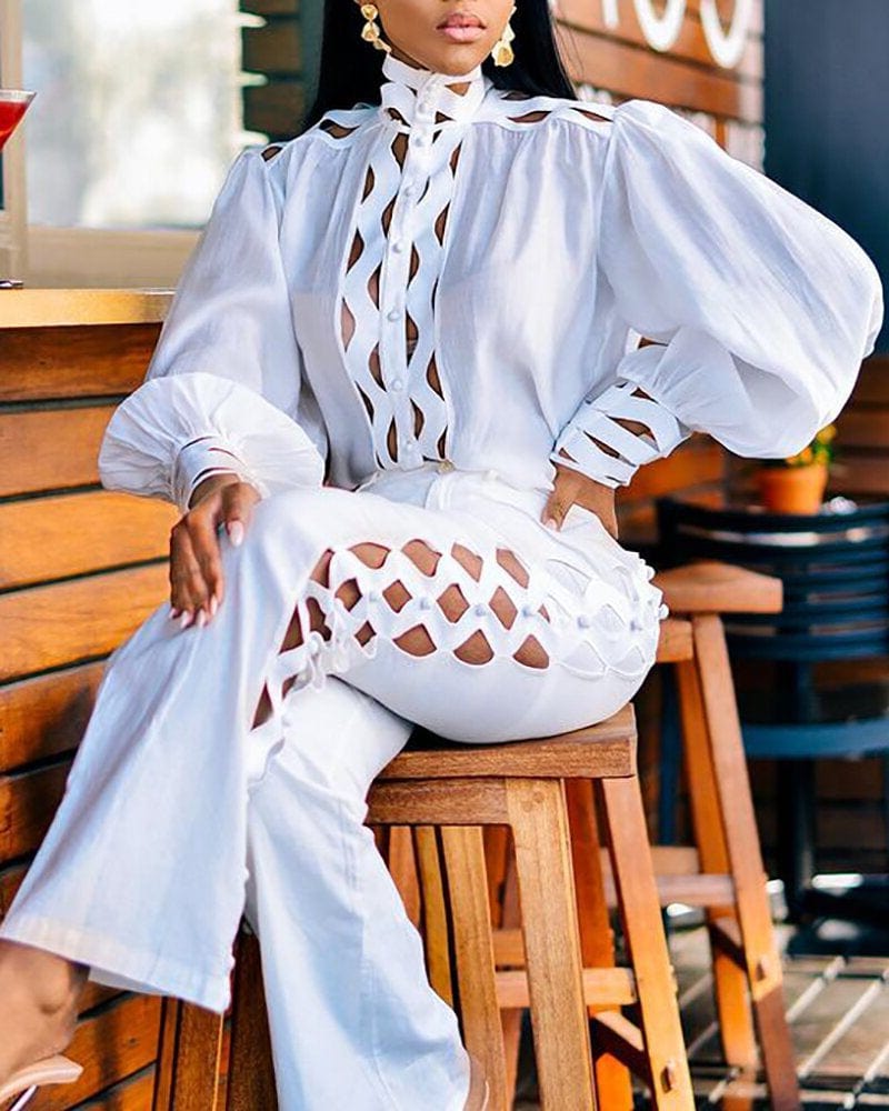 S To 5xl 2022 Aliexpress Lace Shirt White+ Solid Color Pants Suit Retro 2 Pcs Pants Suit