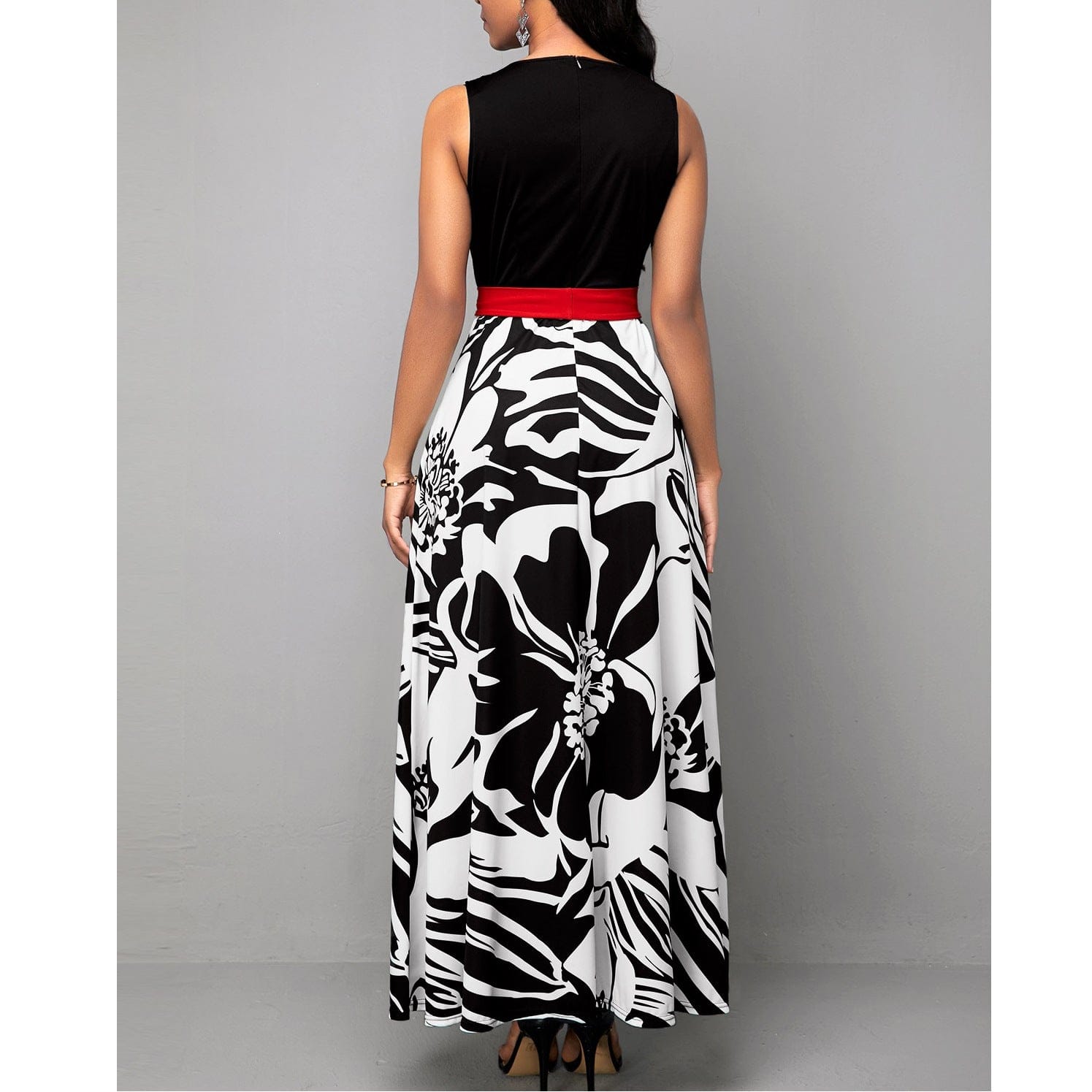 S to 5XL New Spring/Summer Sleeveless Printed High Waist Belt Maxi Elegant Dress For Fat Women