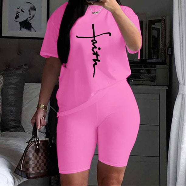 S to 5XL Plus Size Women's Faith Letter Print Casual Two Piece Short Set