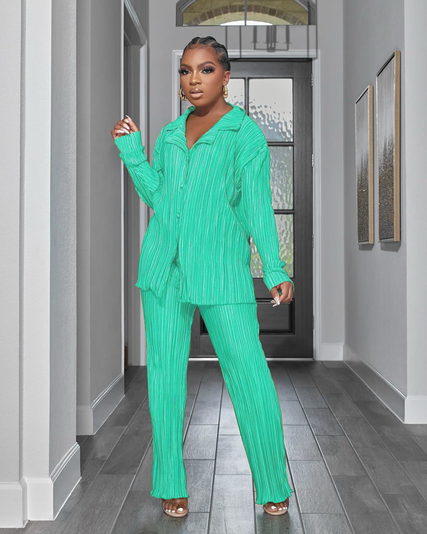 S / Turquoise C1103TA70 Dropshipping Casual Solid Color Autumn Shirt 2 Piece Pants Set Women Sehe Fashion