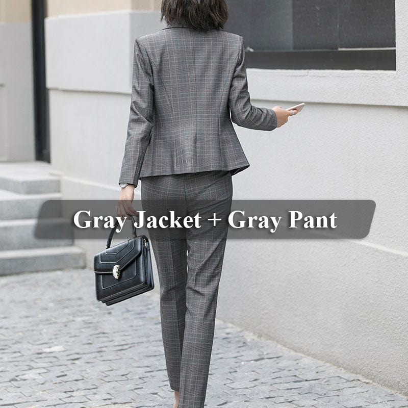 S / Two-piece gray set Elastic Waistband 2 Piece Set Formal Plaid Pant Suit Office Lady Work Wear Uniform Design Women Business Jacket and Trouser
