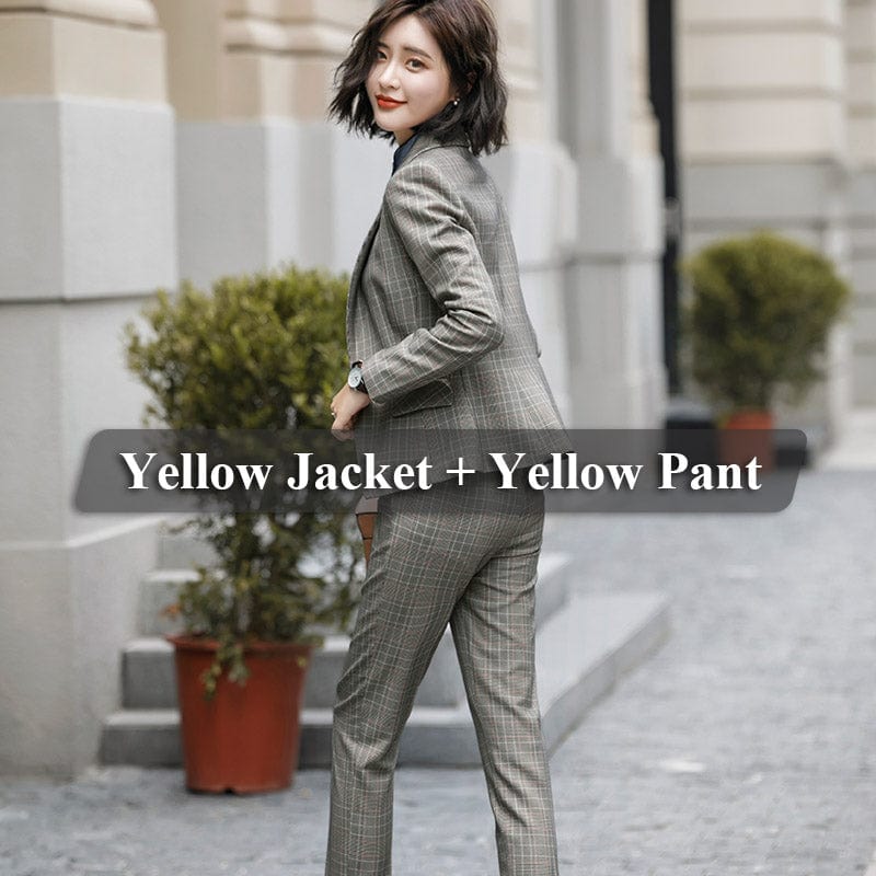 S / Two-piece yellow set Elastic Waistband 2 Piece Set Formal Plaid Pant Suit Office Lady Work Wear Uniform Design Women Business Jacket and Trouser