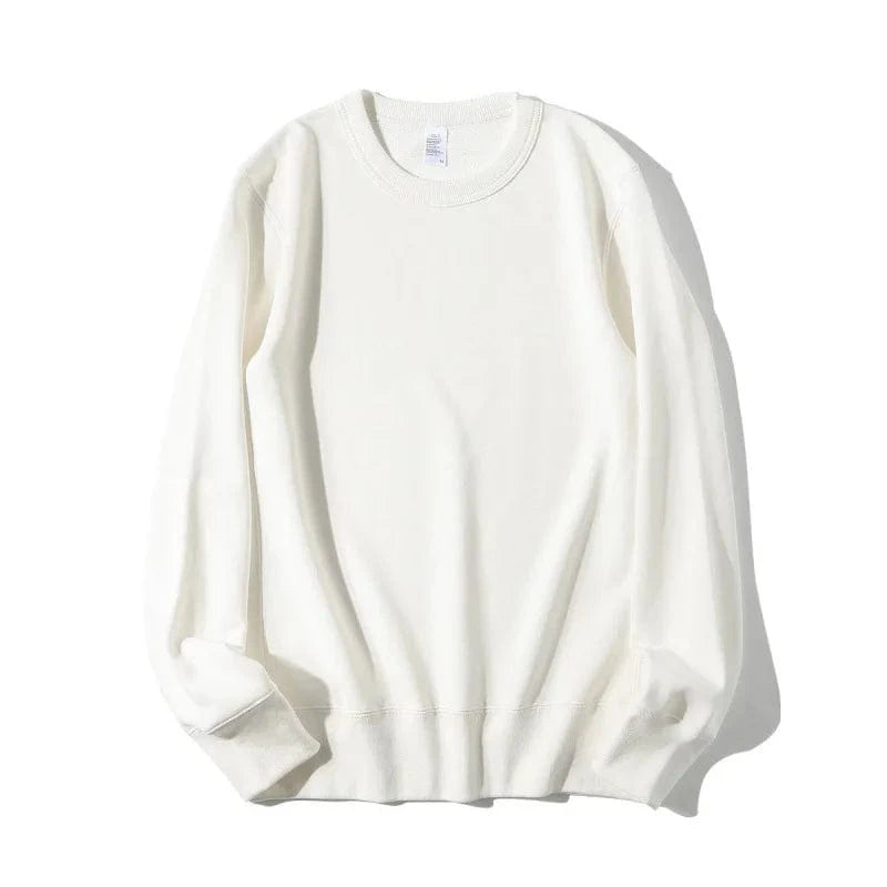 S / Vanilla white 340GSM Earth Tone Crewneck Sweatshirt Long Sleeve Pure Color Pullover Cotton Soft Terry Brown Men Shirt