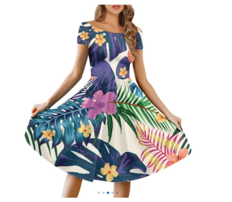 S / VB230822-1 Beautiful Tie Dye Flowers Printed Women's Vintage Short Sleeve High Waist Flared Midi Casual Summer Party Wear Dresses for Women