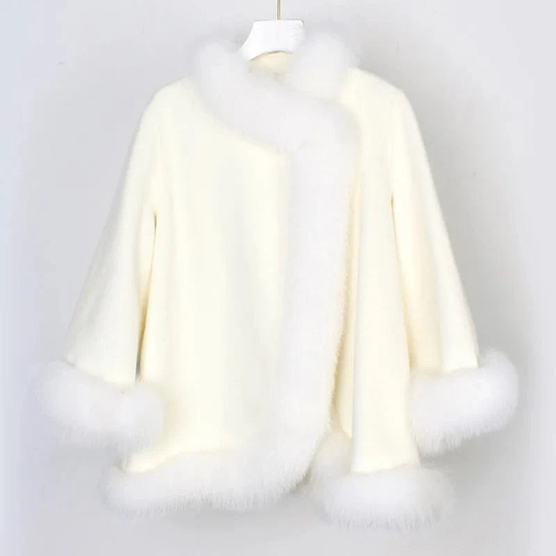 S / White 2022 Ladies Wool Coats Thick Warm Cashmere Winter Coat With Fox Fur Trim Collar