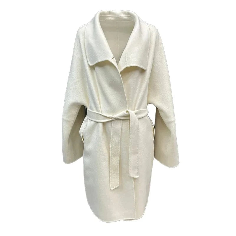 S / White 2023 Belted Trench Wool Coat Double Faced Long Sleeve Oversized Cashmere Coat for Women