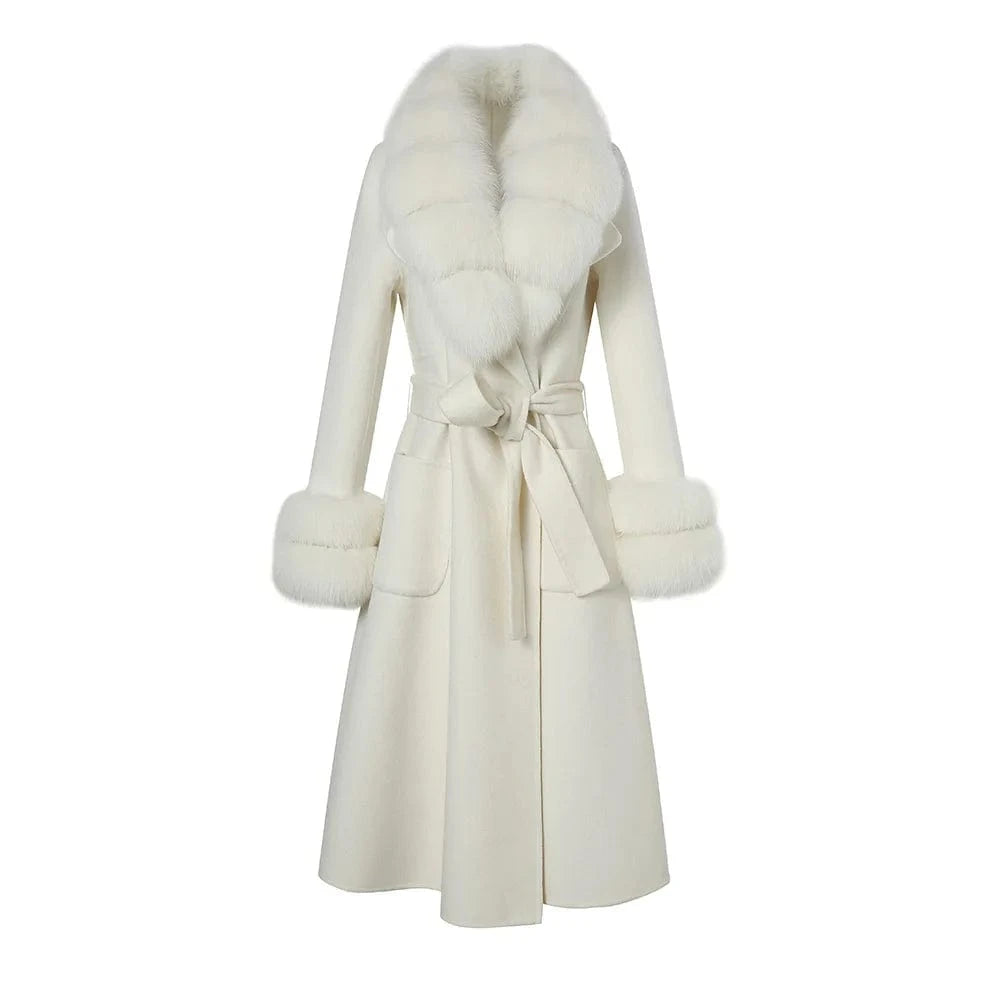 S / White 2023 Fashionable Winter Wool Coats With Fox Fur Collar Long Loose Women Wool Coats