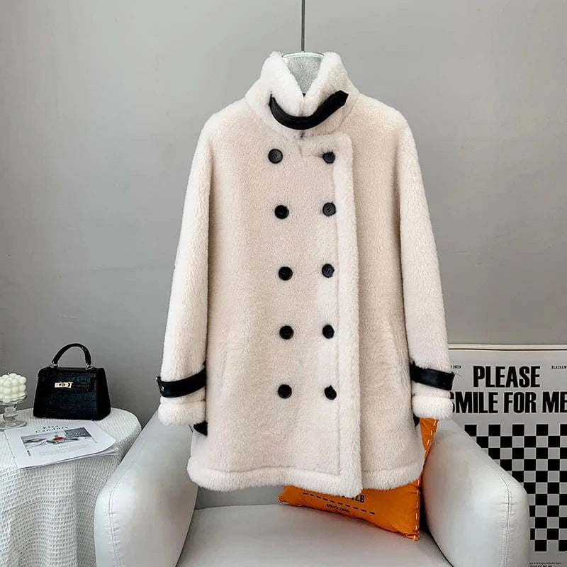 S / White 2023 Hot Sale Women Lamb Fur Coat Female Lady Sheep Shearling Jacket Warm Overcoat JT3264