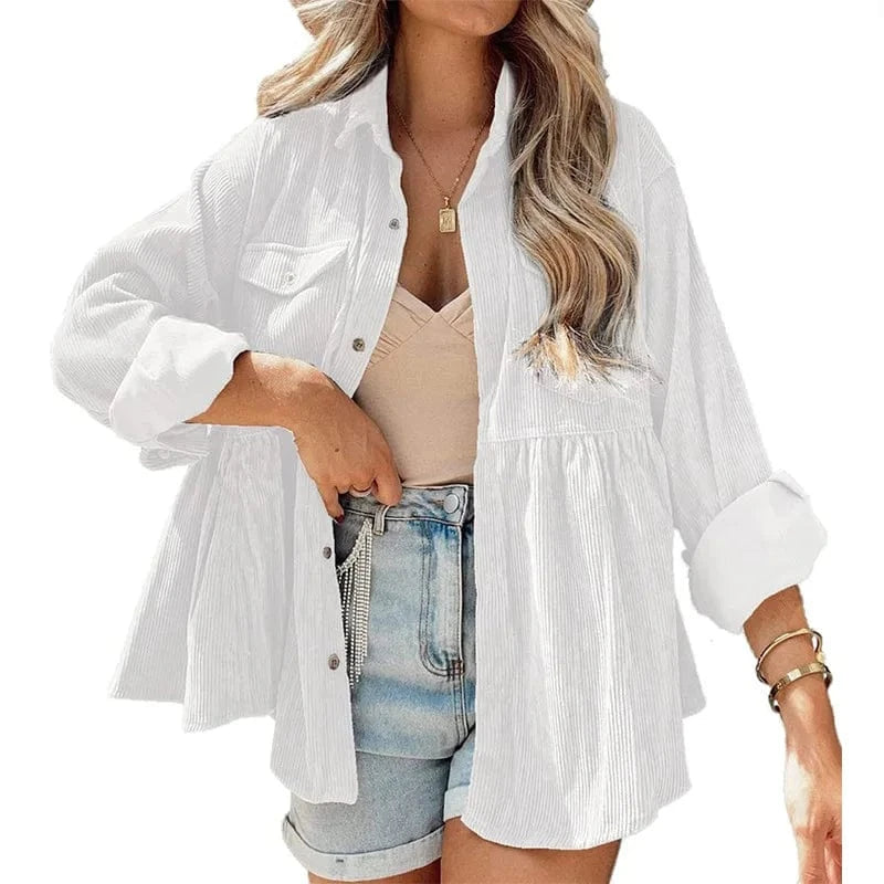 S / White 2023 New European and American Cross-border Women's long-sleeved Corduroy ruffled shirt Top buckle shirt For women