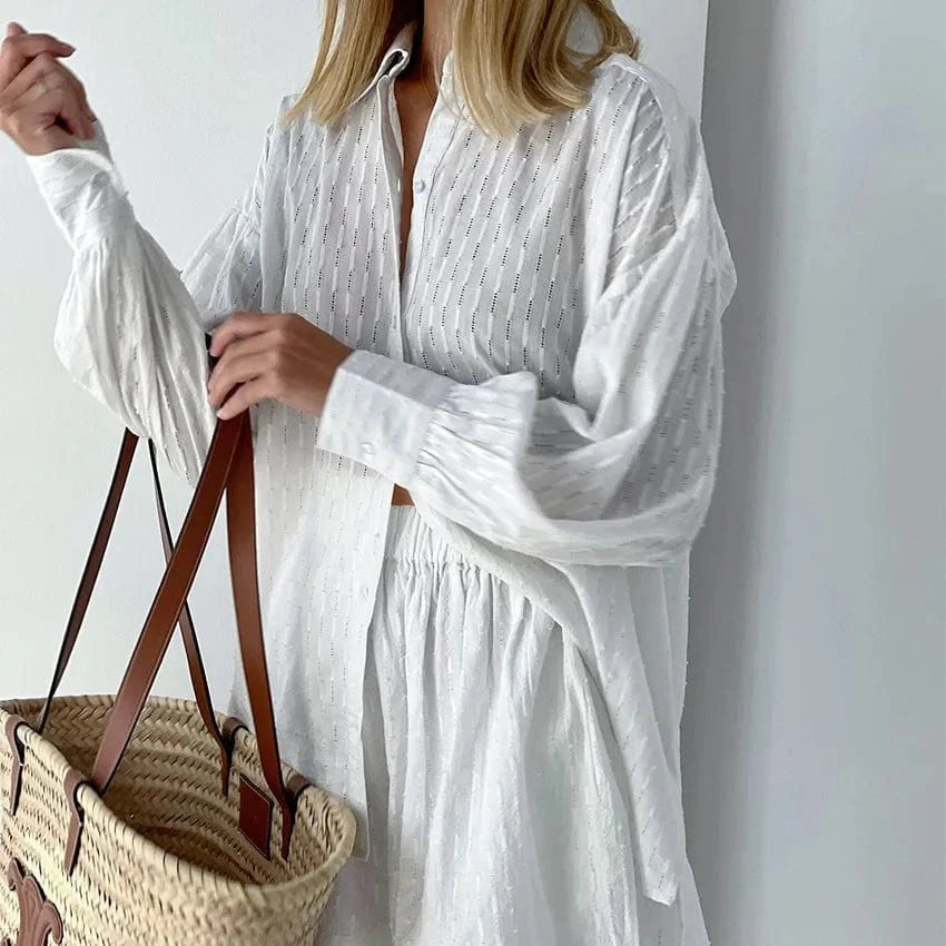 S / White 2023 Summer women's shirt Jacquard bubble sleeve Temperament shirt shorts Commuting design Casual suit