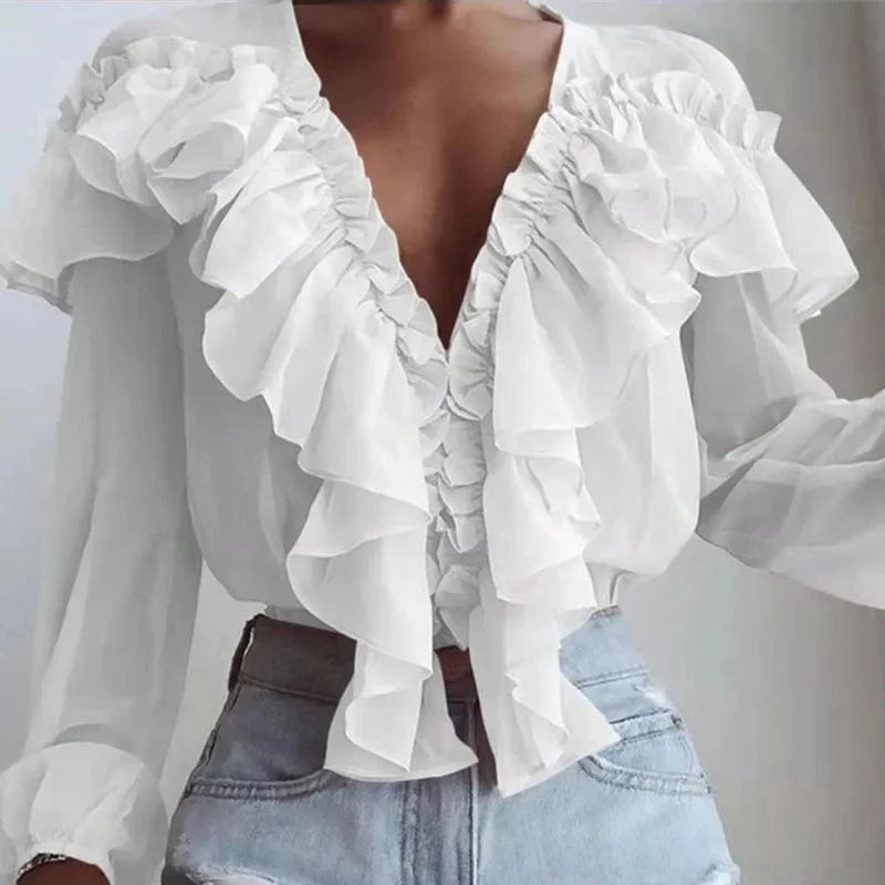 S / White 2024 Spring Women Ruffled V-neck Shirts Long sleeve Pullover Chiffon Loose Shirt Lady White Solid Color Tops Blouse Shirt
