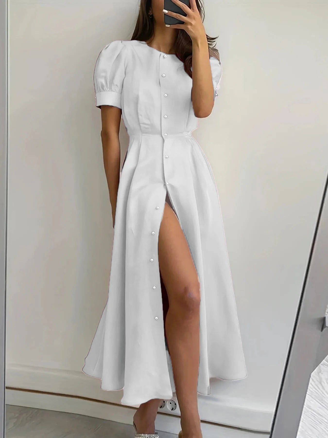 S / White 2024 Summer European and American New Solid Color Temperament Slim Fit High Waist Cardigan Button Mid length Dress