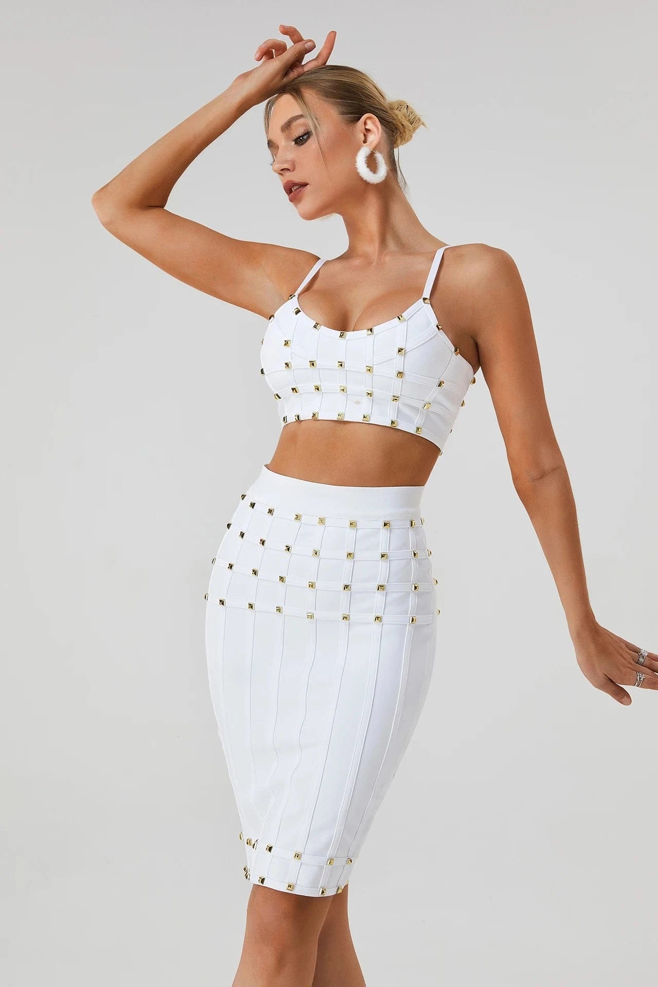 S / White BA363 Bandage Dress Set Sexy Spaghetti Strap Top Mini Skirts Two Pieces Set Fashion Party High Quality Woman Summer Suit Dress