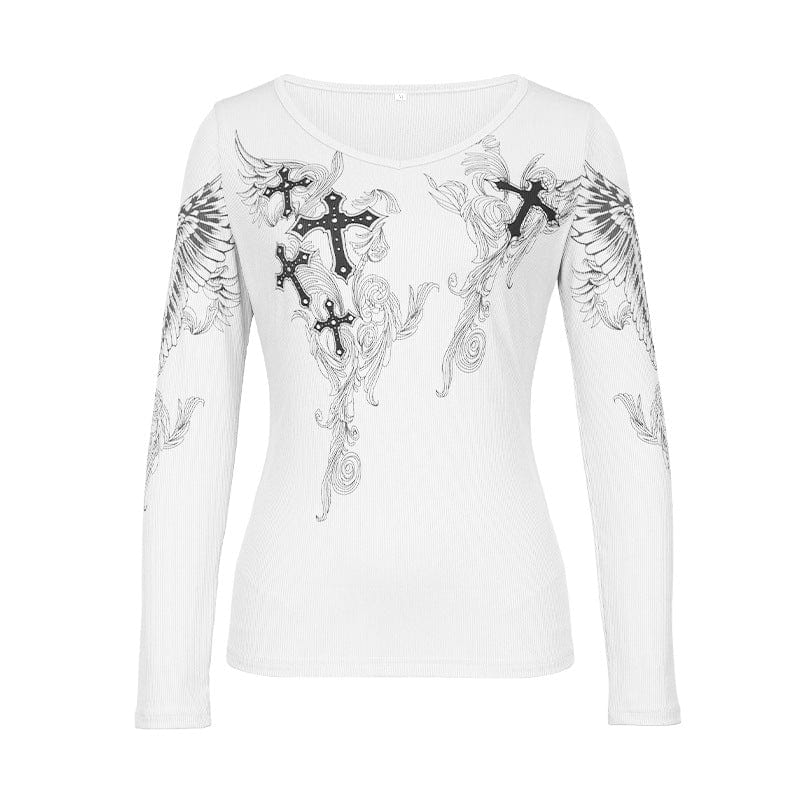 S / White C0171 2023 Spring Cross Print Round Neck Long Sleeve T-Shirt for Women