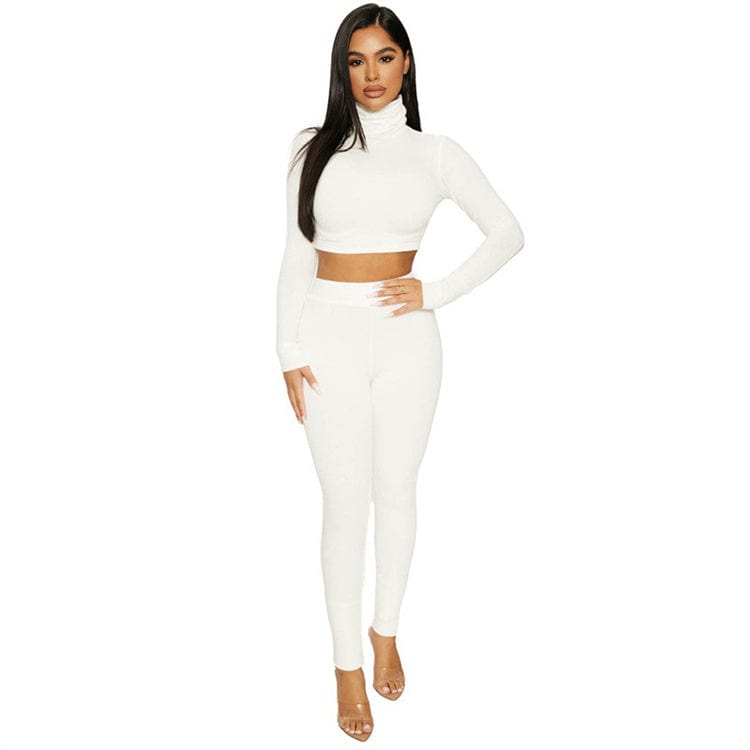 S / White Casual Two 2 Piece Set Sweatsuits Tracksuit For Women Outfits Turtleneck Crop Top Pants Suits