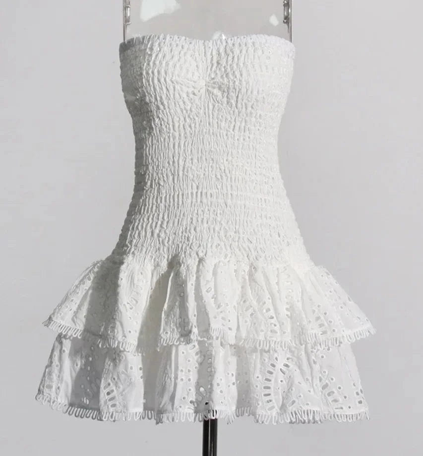 S / White CHICEVER Elegant Dresses Casual Strapless Sleeveless High Waist Spliced Ruffles Hem Women Cotton Mini Summer Dress Woven Simple