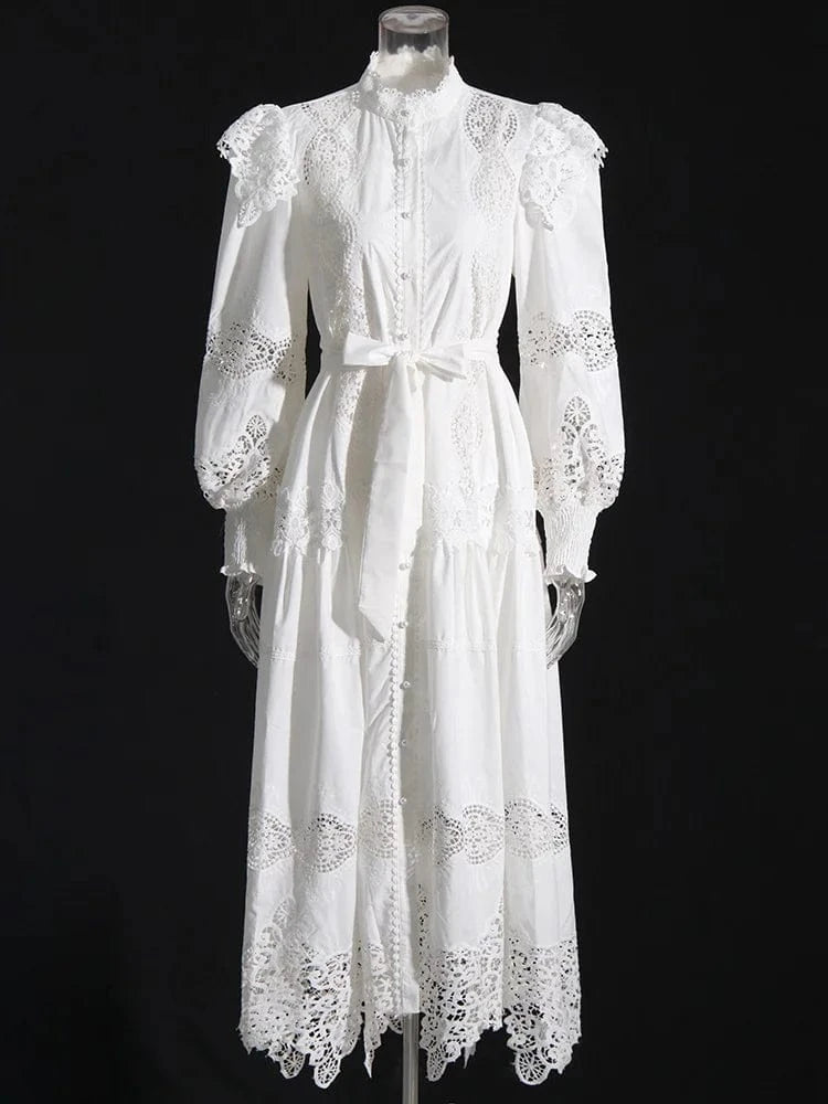 S / White CHICEVER Elegant Round Neck Long Sleeve High Waist Solid Color Long Dresses Women Dress