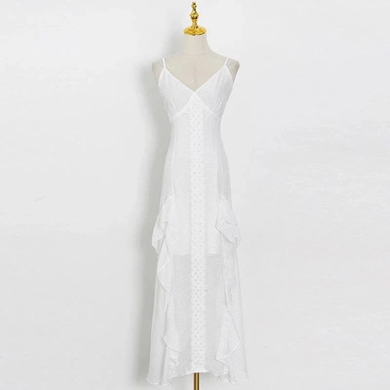 S / White CHICEVER Elegant Sleeveless V Neck High Waist Slim Midi White Long Dress For Women