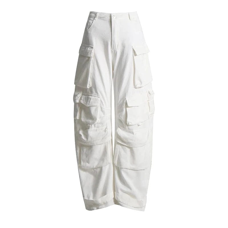 S / White CHICEVER Fashionable High Waist Patchwork Pockets Cargo Denim Jeans For Women 2023