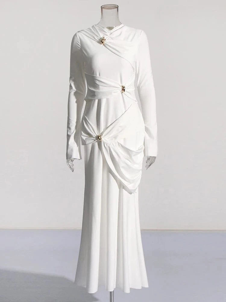 S / White CHICEVER High Waist Minimalist Slimming Lady Dresses Elegant Casual Long Dress For Women