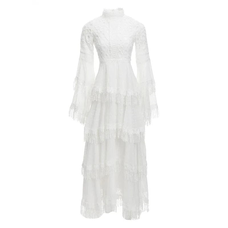 S / White CHICEVER Stand Collar Flare Sleeve High Waist Patchwork Mesh Dresses Long Sleeve Women Long Dress