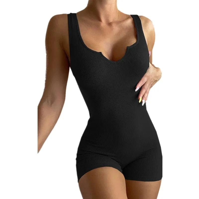 S / White Custom Logo round V neck sleeveless rib short leg slim bodysuit summer jumpsuit for woman