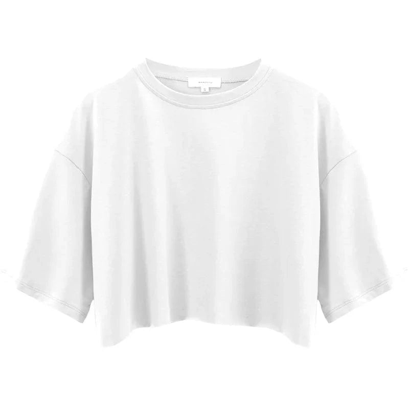 S / White Custom logo Wholesale Cotton Crew Neck Short Sleeve Oversize Loose Fit Athletic Women's Blank Crop Top T shirt