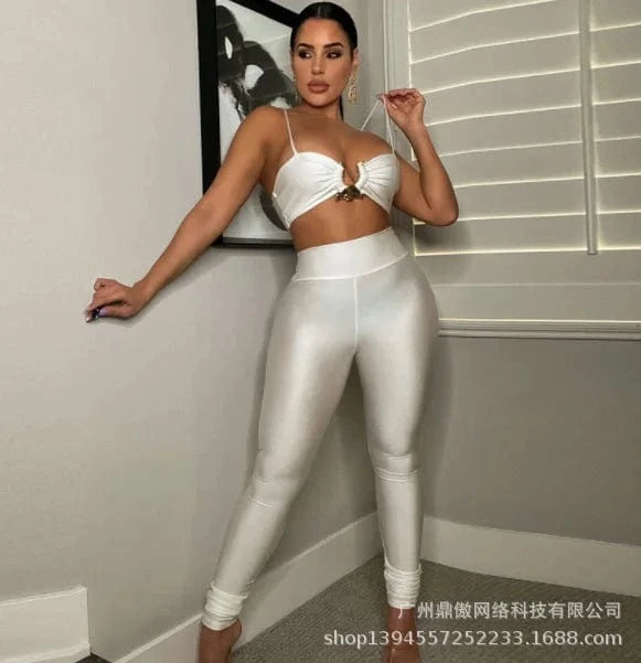 S / White Custom logo with Metal ornament on bra  Sexy Camisole + Tight Pants Two-piece Set