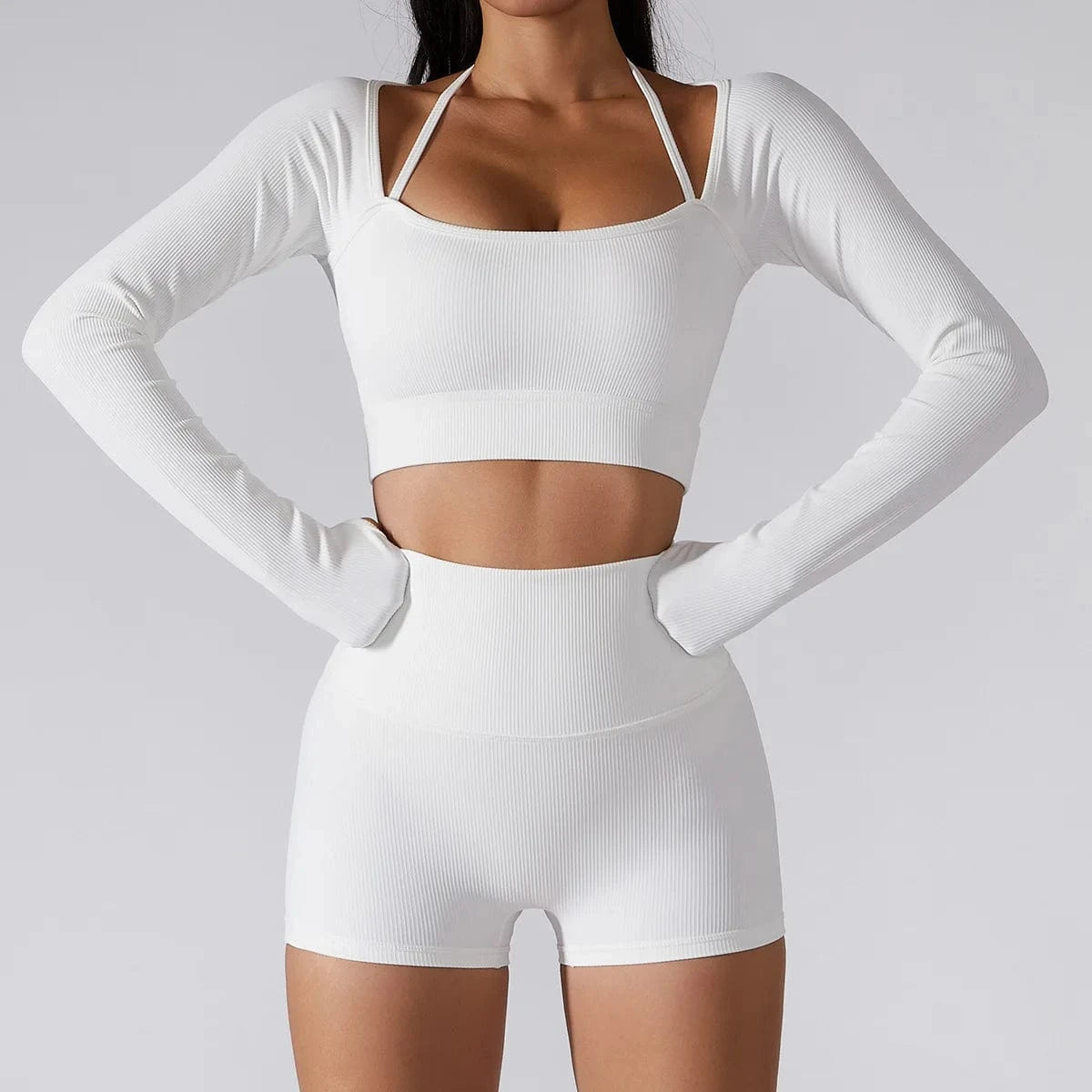 S / White Custom Long Sleeve Ribbed Yoga Set Two Piece Biker Shorts Fitness Workout Gym Set Seamless Active Wear for Women