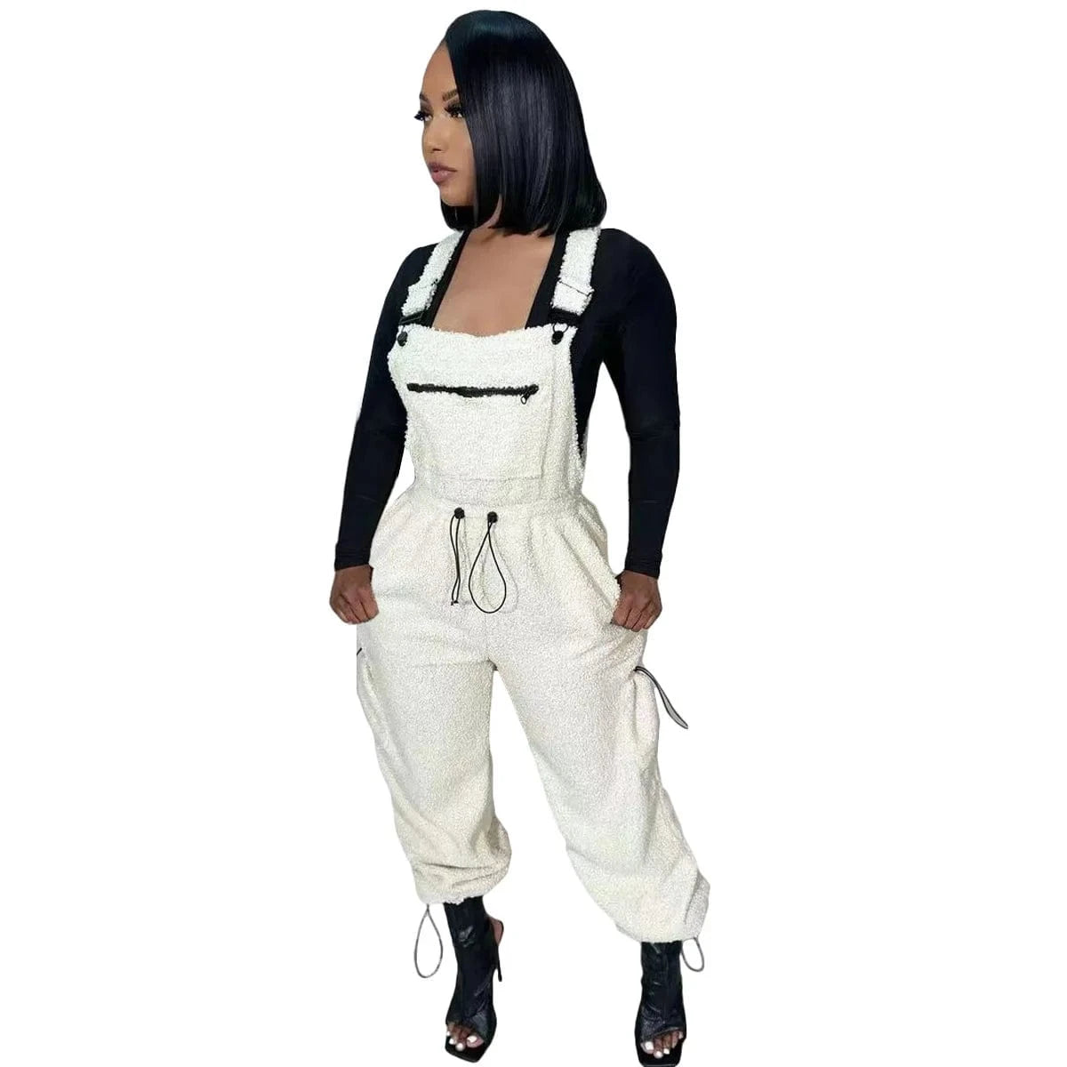 S / White Cute Loose Jumpsuit 2023 Fall Rompers with Pockets Women Clothing Winter Suspender Pants for Ladies