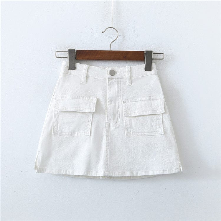 S / White Denim Cargo Mini Skirt Women Women Pocket Harajuku Jean A-line Skirts Streetwear