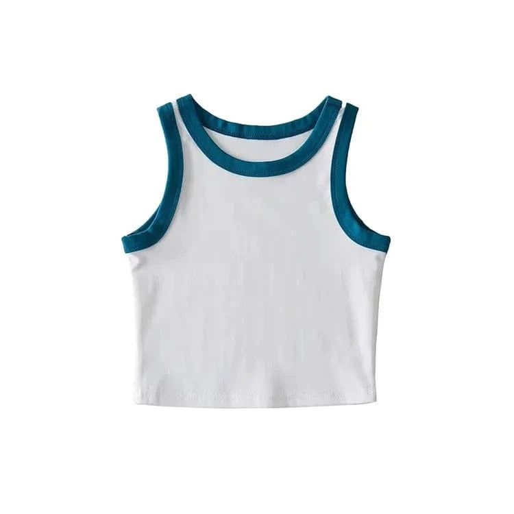 S / White Fashion Contrast Color 4 Color Wide Strap Crew Neck Sleeveless Pullover Cute Crop Top for Women