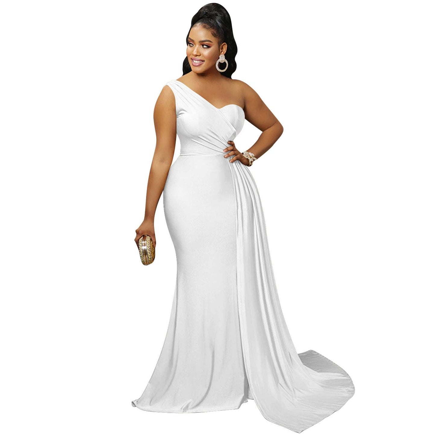 S / White Fashion Solid Bridesmaid Dresses One Shoulder Sleeve Ladies Elegant Wedding Party Skinny Long Prom Evening Dress Women