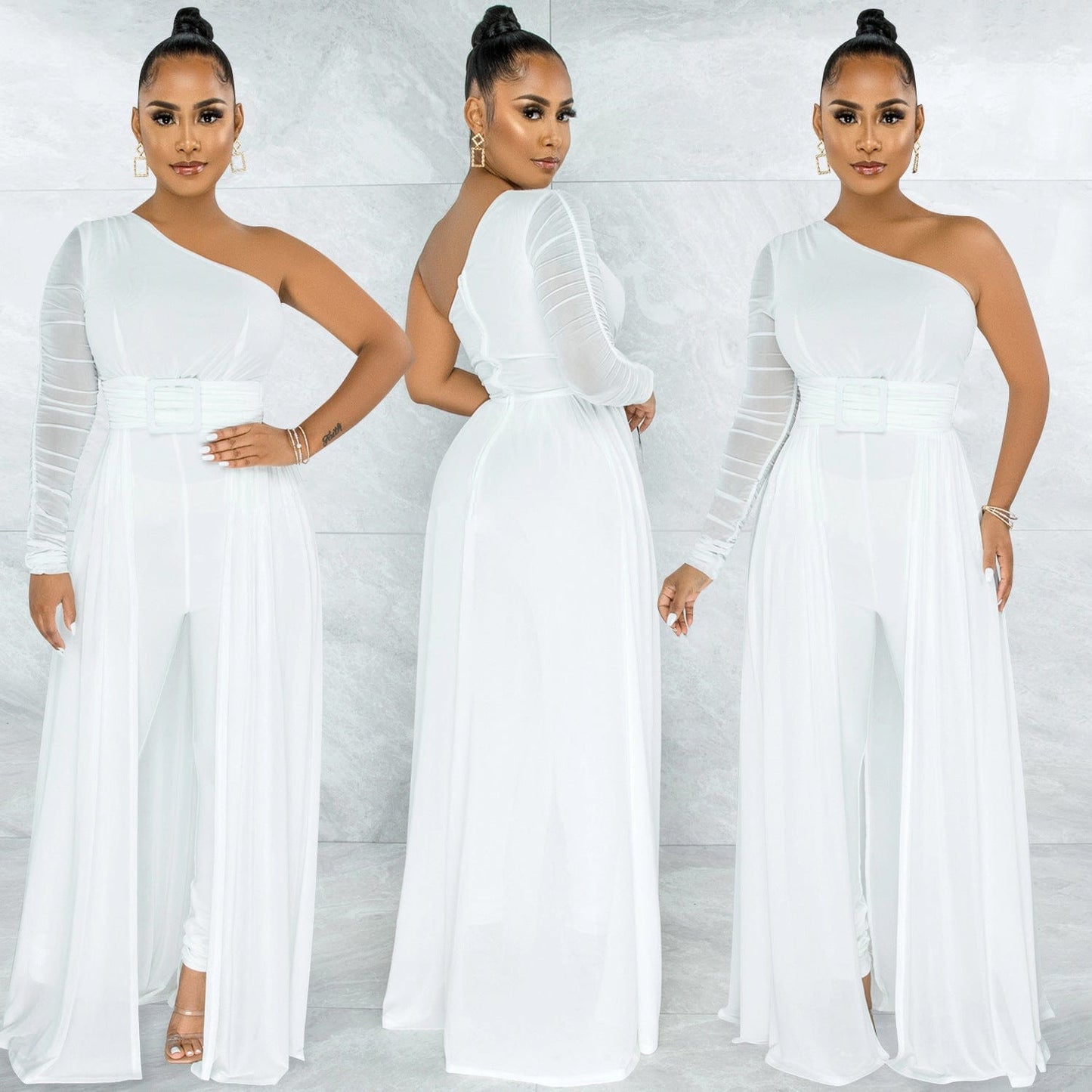 S / White Fashion women's solid color sexy mesh gauze perspective single shoulder diagonal collar long sleeve ladies pant jumpsuit women