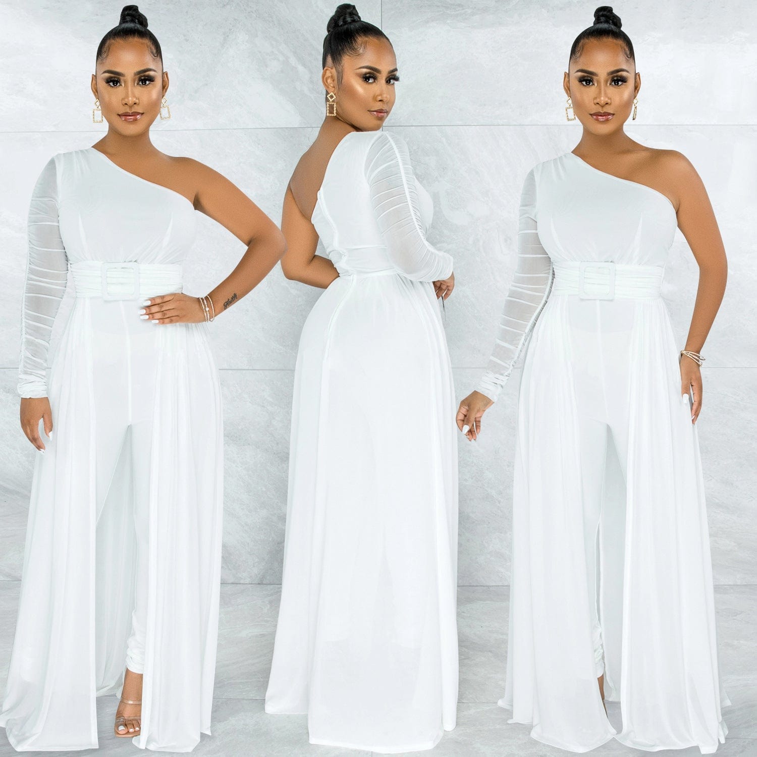 S / White Fashion women's solid color sexy mesh gauze perspective single shoulder diagonal collar long sleeve ladies pant jumpsuit women