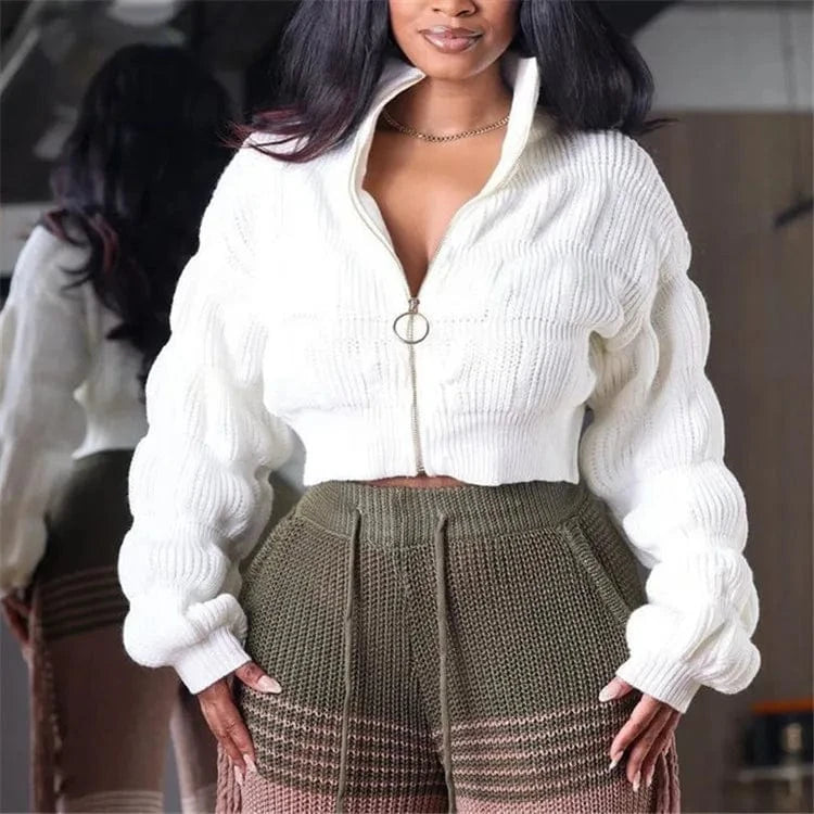 S / White Female Lotus Lantern Long Sleeves Cardigans Zip Up Sweaters Knit Coats Woman