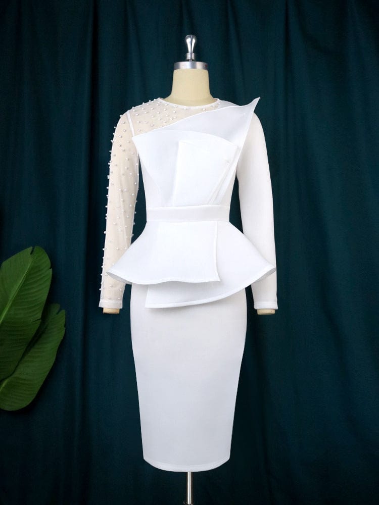 S / White GX21017 Fashion High Quality Long Sleeves Fashion Beaded Evening Dress Formal Party Club Women's Wear Dresses