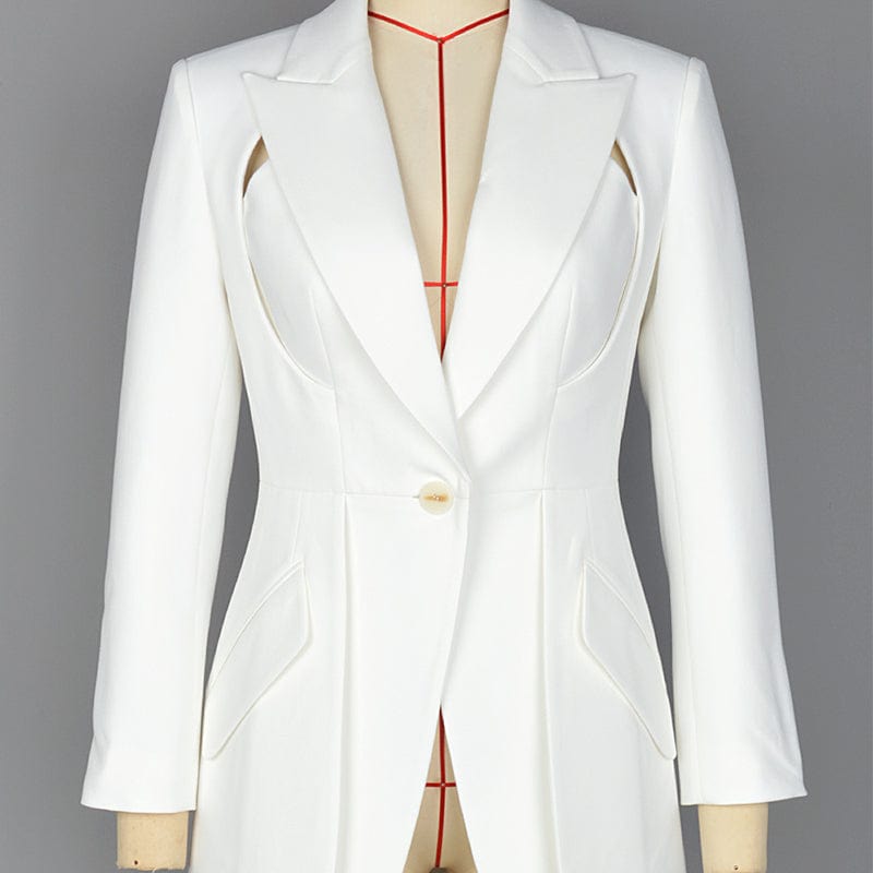 S / White High Quality Custom Europe Ins Sexy Chic Trendy Notch Lapel Slashed Slim Fitting Blazer Coat With High Waist Line