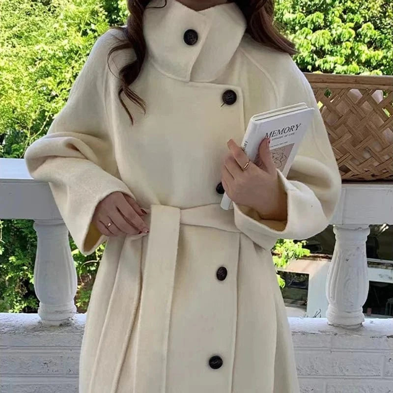 S / White High Quality Solid Color Cashmere Overcoat Women Fashion Belted Long Coats for Ladies