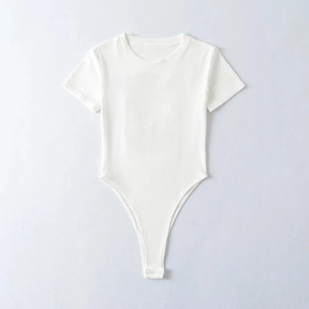 S / White LULU Basic Classic Cotton Elastic rib stretchy back hollow out crew neck short sleeve under shape wear bodysuits for women