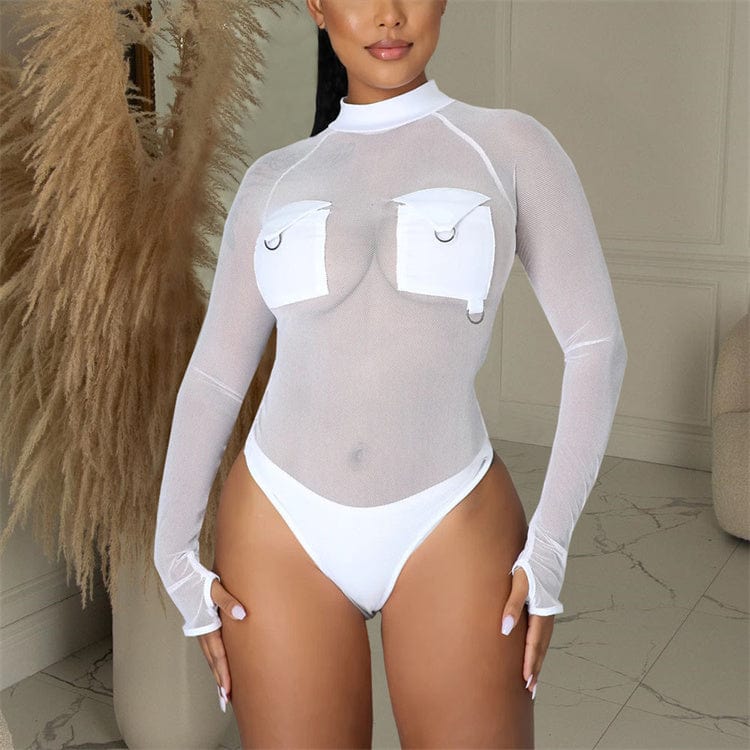 S / White Mesh Spliced Bodysuit Women 2023 Sexy One Piece Overalls Fashion Y2K Clothes Clubwear