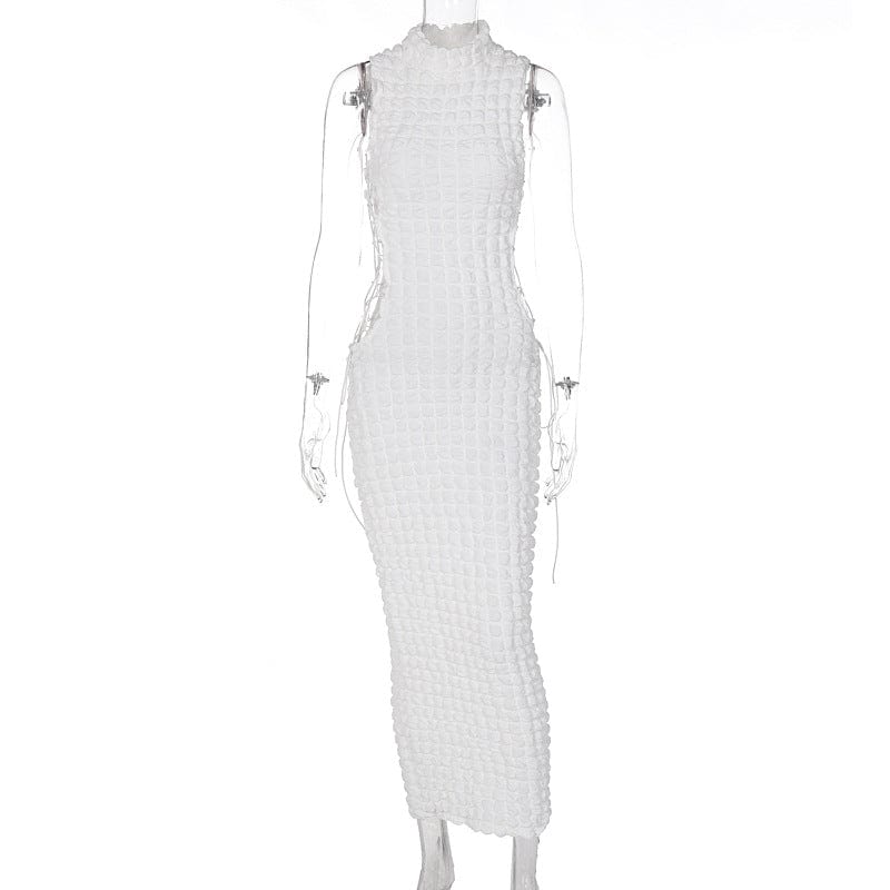 S / White New arrivals 2022 women crew neck sleeveless elegant dresses classic evening prom dress undefined hollow out lace up maxi dress