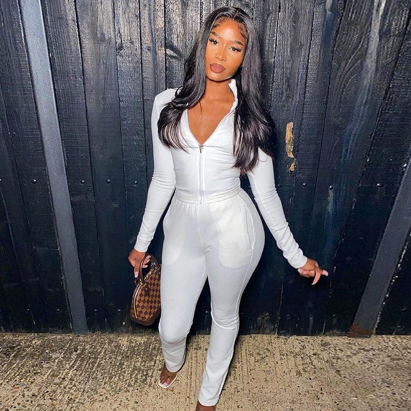 S / White New Style Women Solid Color Casual Front Zipper Full Long Sleeve Tops Sporty 	Jogger Pants Outfits Two Piece Pants Set Women