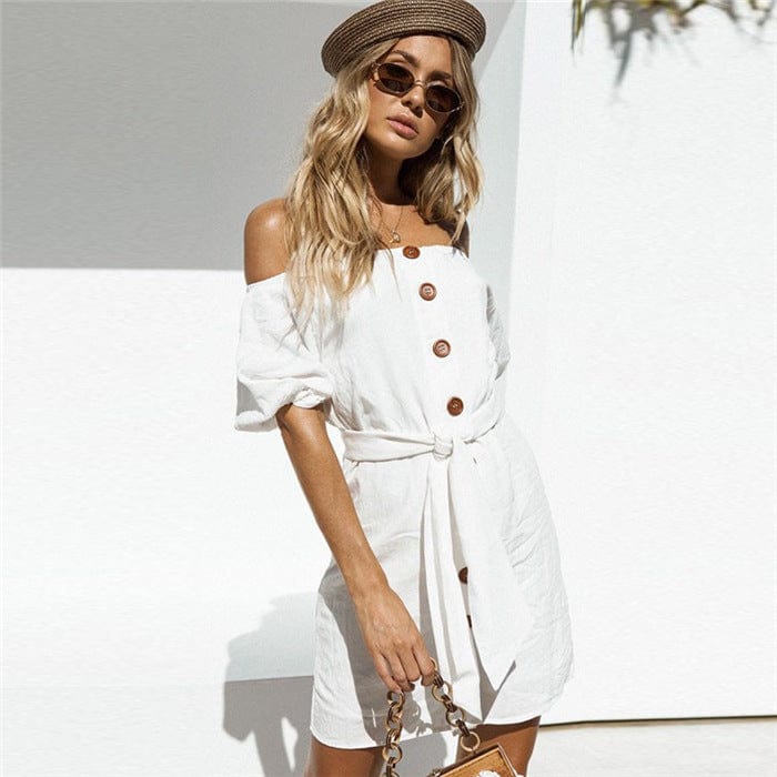 S / White New summer casual wear off-shoulder mini straight short sleeve women causal dresses