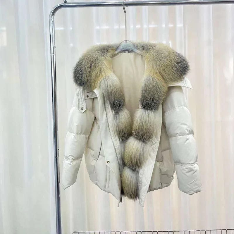 S / White New White Goose Down Jacket Female Fox Fur Collar Fur Down Jacket Coat Female