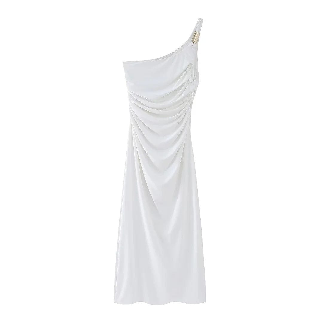 S / White Newest summer ladies elegant party white pleated dress sleeveless one off shoulder simple long dresses women