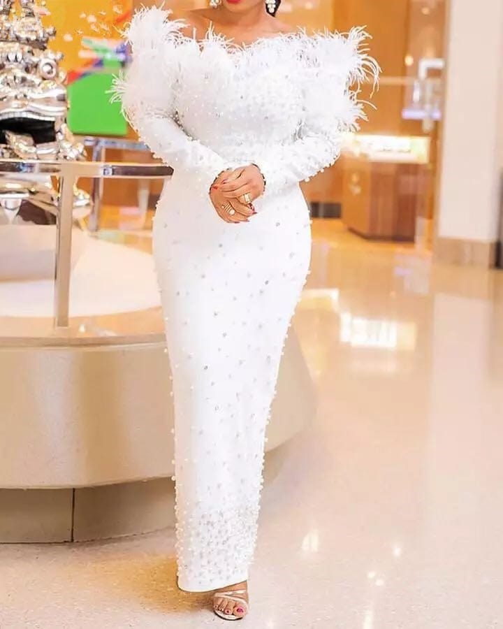 S / White / NO Latest Arrival Shoulder  SlimTight Nail Bead White Party Dress Long Sleeve Dresses Evening Dresses
