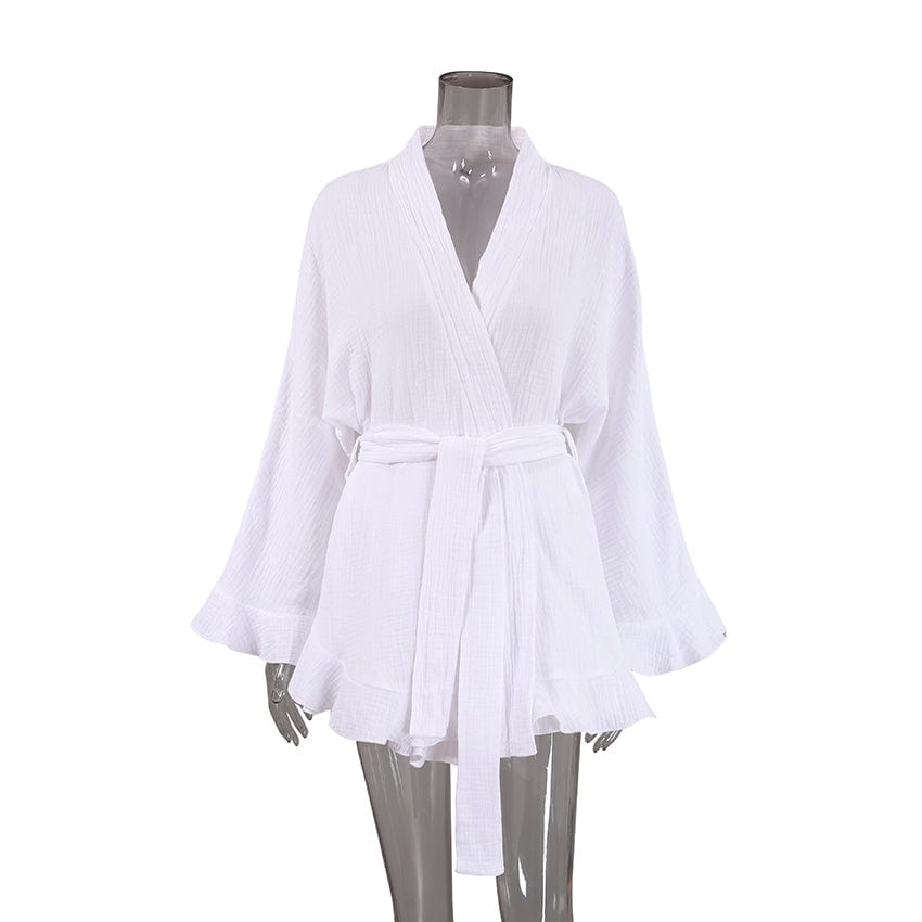 S / White OOTN Cotton Long Sleeve Pajamas Sashes Loose Suits With Shorts 2023 Spring Casual Ruffle Women's Nightwear White 2 Piece Sets
