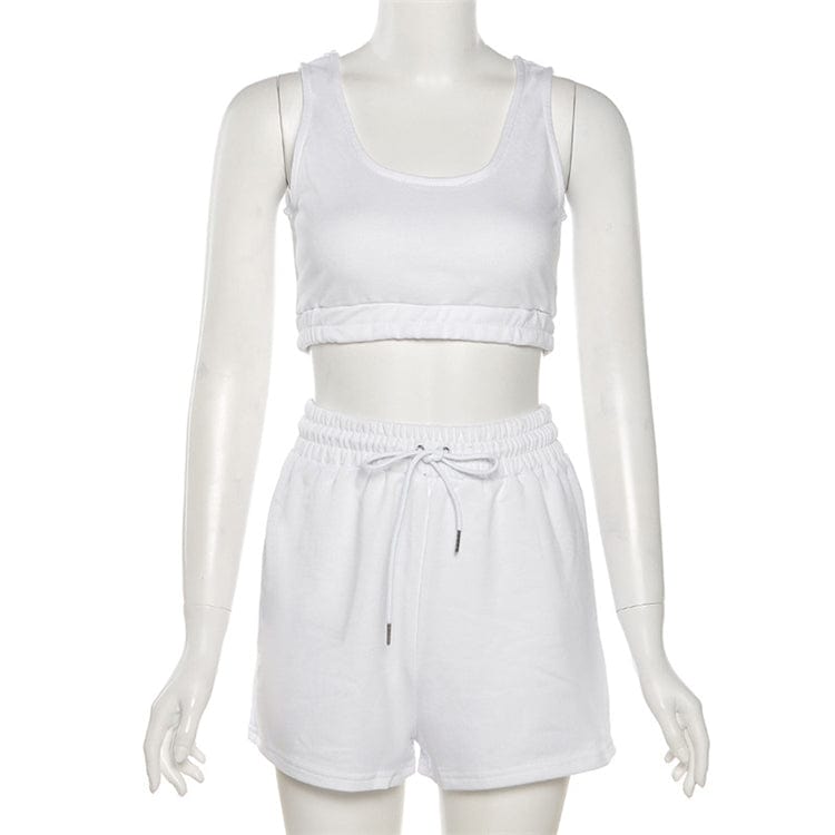 S / White OSINA Lowest Price Solid Color Custom Logo Crop Top Two Piece Set Women Clothing Shorts Womens Sweat Absorbing Sports Suit