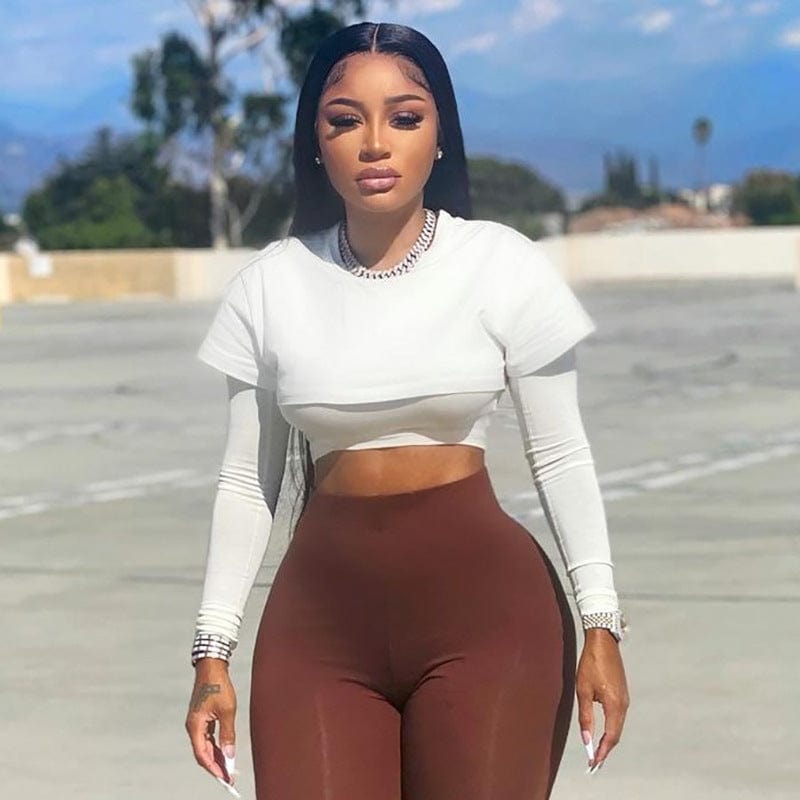 S / White OUDINA New Solid Color Casual Round Neck Women Fashion Tops Long Sleeve Women Crop Top